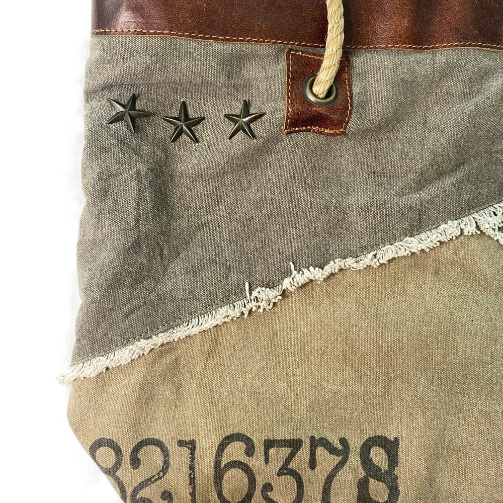 Mona B Canvas Patchwork Tote Bag in Brown and Olive - Picture 2 of 8